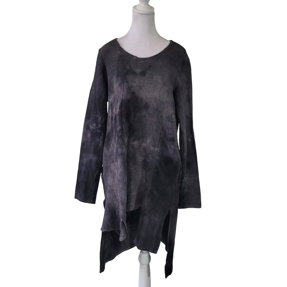 Muza Size M 100% Linen Dark Grey Asymmetrical Hem Long Sleeve Knee Length Dress